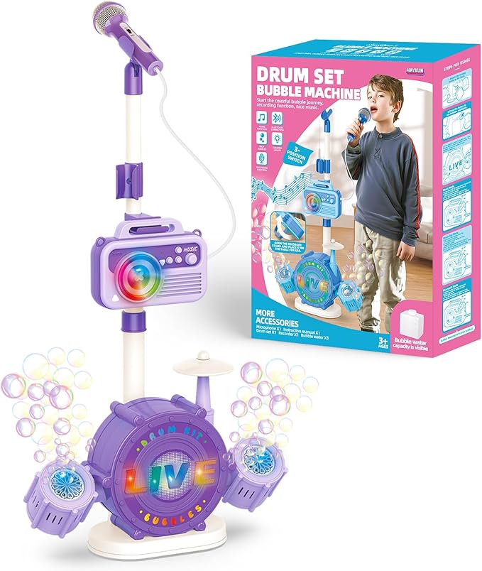 Bluetooth Kids Karaoke Microphone with Adjustable Stand, Karaoke Machine for Kids with Bubble Maker，Vioce Changer, Colorful Lights - Microphones for Singing Christmas, Birthday Gifts for Girls