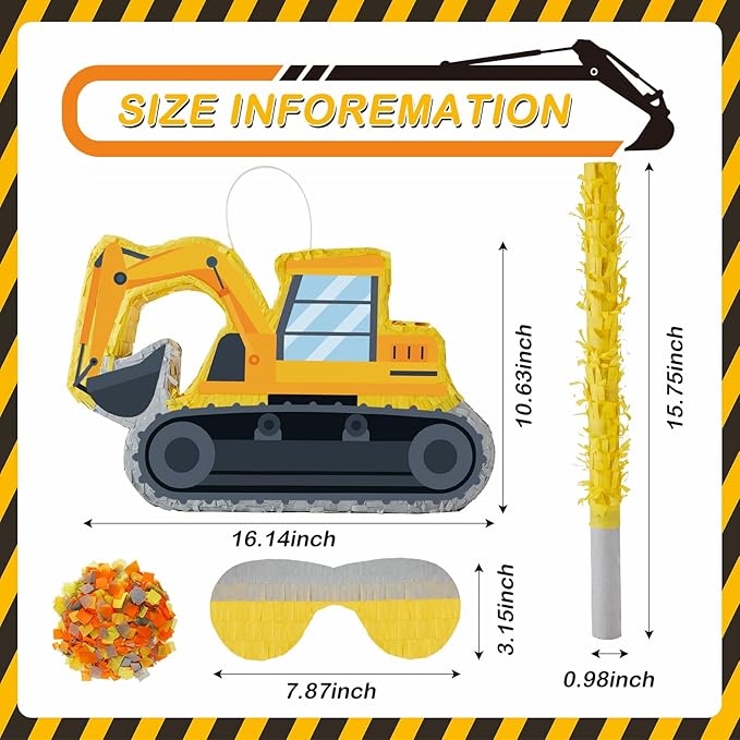 Lewtemi Digger Piñatas for Birthday Party Construction Excavator Piñata with Stick, Blindfold, Confetti for Adults Birthday Baby Shower Party Supplies