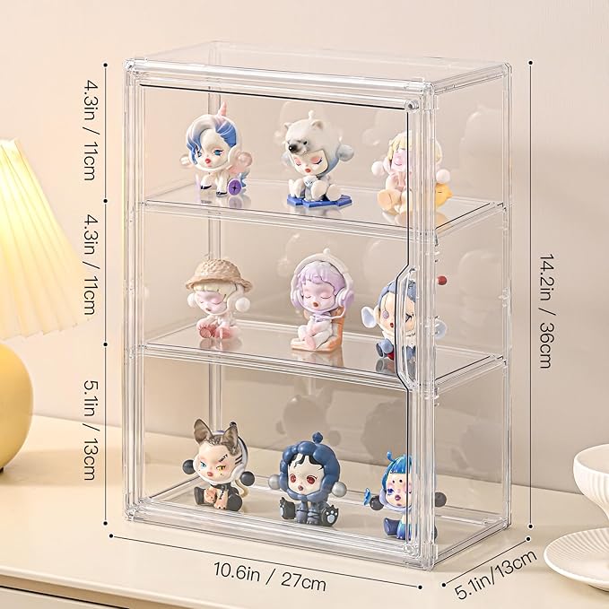 4 Pack 3 Tier Clear Display Case for Figures, Wall-Mounted Acrylic Storage Organizer Box, Stackable Display Cabinet with Magnetic Door & Removable Shelves, Showcase for Collectibles, Figures