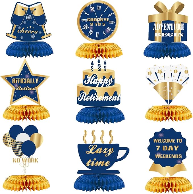 9Pcs Happy Retirement Decorations Table Honeycomb Centerpieces Party Supplies Blue Gold Retirement Adventure Awaits Sign for Men Retired Decor Goodbye Retirement Signs