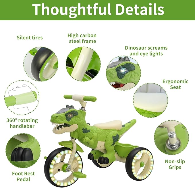 Dinosaur Kids Tricycle for Rider- Toddlers Kid Trike Bike Big Wheel with Music, Storage Basket,Light Wheel, Indoor/Outdoor Preschool Daycare Kids Bike,Best Gift for 3-7 Year Old Girls & Boys (Green)