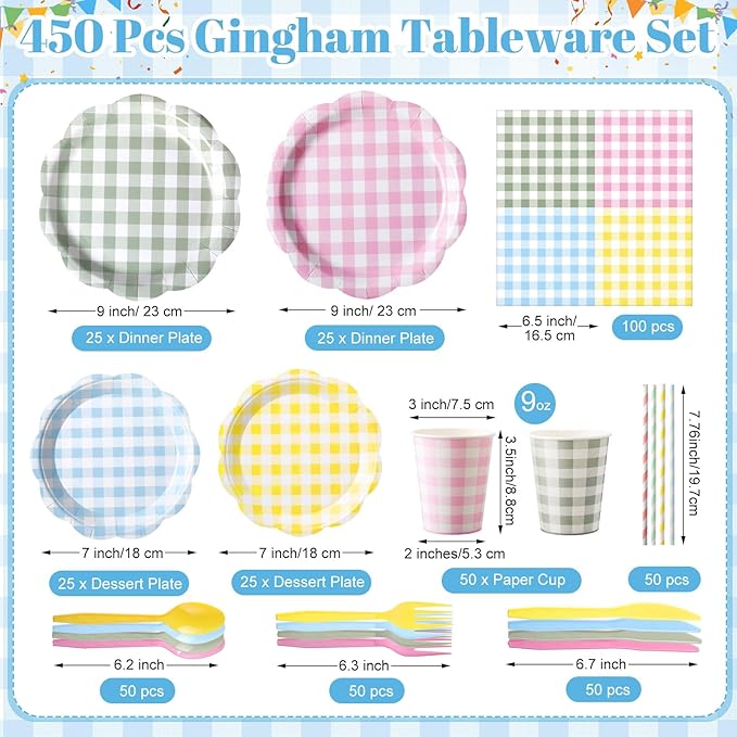 450 Pcs Gingham Tableware Set Decorations Pastel Plaid Paper Plates Napkins Cups Cutlery Straws Checkered Dinnerware Set for Easter Baby Shower BBQ Picnic Birthday Party Supplies, Serves 50