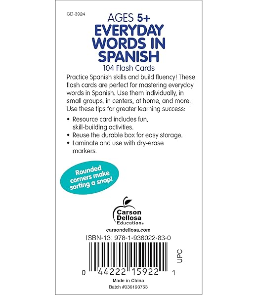 Carson Dellosa 104 Everyday Sight Words in Spanish Flash Cards for Kids, Vocabulary Flashcards for Toddlers Ages 5 and Up, Educational Games for Bilingual and ESL Learners