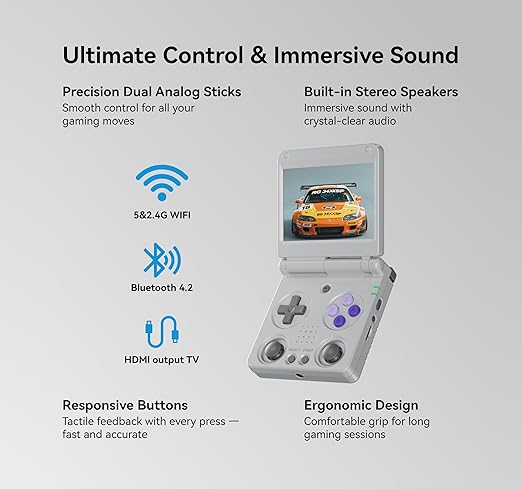 Anbernic RG34XXSP Retro Gaming Console – Flip Design, 3.4'' IPS Screen 720×480, 64G TF Card with 5000+ Games, Portable Handheld, 3300mAh Battery, WiFi HDMI Bluetooth (Gray 64G)