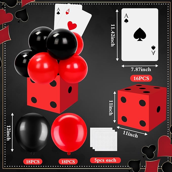 68 Pcs Casino Party Boxes Balloon Poker Cards Decoration-16 Pcs 11 in Casino Dice Favor Boxes 16 Jumbo Playing Cards 36 Balloons for Game Night Birthday Grad Prom Party Supplies(Multicolor)