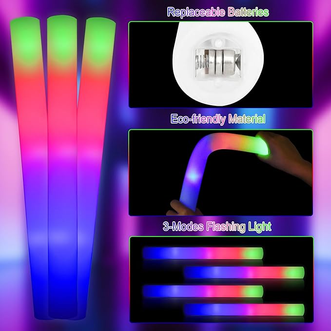 Taotuo 58PCS Foam Glow Sticks Bulk, Christmas Glow in the Dark Party Supplies Light Sticks for Raves, Birthday, Wedding, New Year, Christmas