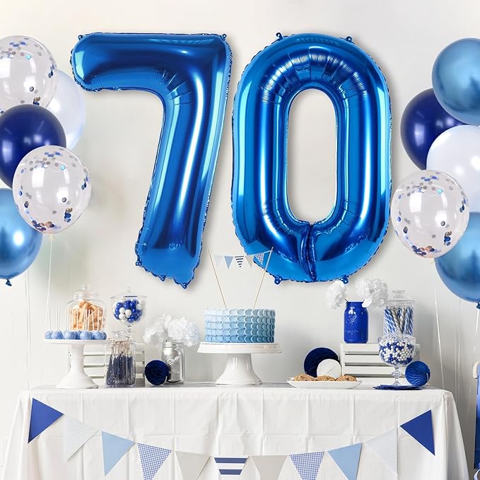 Giant Number Foil Balloon 70, Dark Blue Self Inflating 70th Birthday Balloon for Men, 40'' 70 Balloon Light Navy Blue with Metallic Silver Confetti Balloon for Anniversary Party Decorations Supplies