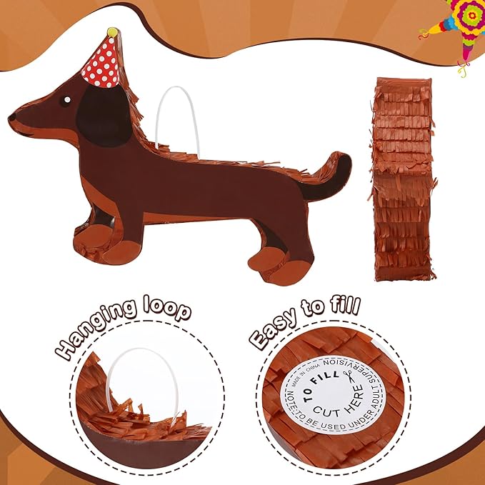 Dachshund Dog Piñata 3D Puppy Birthday Decoration with a Blindfold and Bat for Kids Girls Boys Gift Holiday Piñata Party Baby Shower Supplies