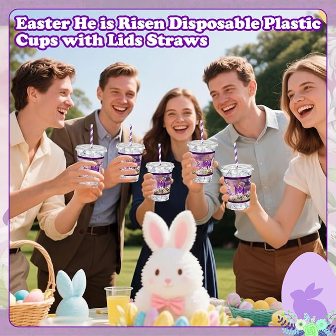 50 Set Easter He Is Risen Disposable Plastic Cups 12 oz with Lids Straws Religious Christian Easter Party Drinking Cups Spring Lily Floral Drinkware for Egg Hunt Holiday Party Supplies