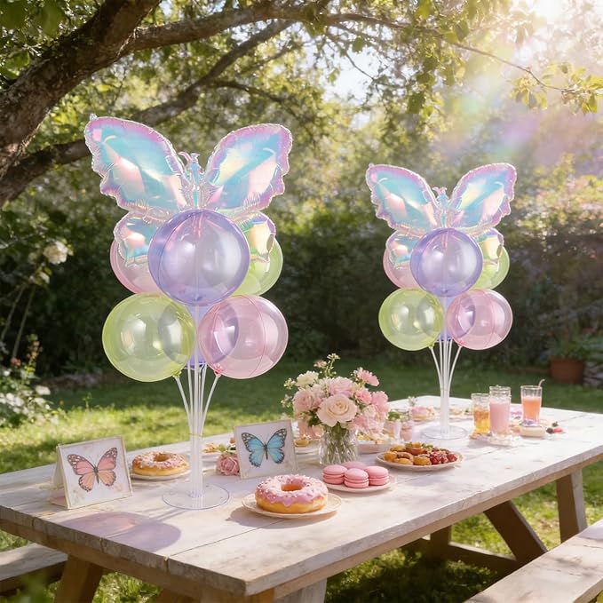 Colored Translucent Butterfly Party Balloons Stand Kit 2 Sets with Rainbow Holographic Clear Butterfly Foil Balloons Party Balloon Centerpiece for Tables for Holiday Birthday Wedding Decorations