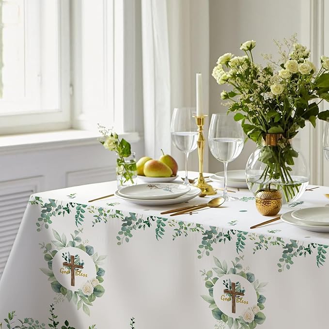 3Pcs God Bless Baptism Tablecloth, 54 x 108 Inch Eucalyptus Leaf Cross Religious Table Cover, Sage Green Plastic Tablecloth for Baby Showers, First Communion Decorations