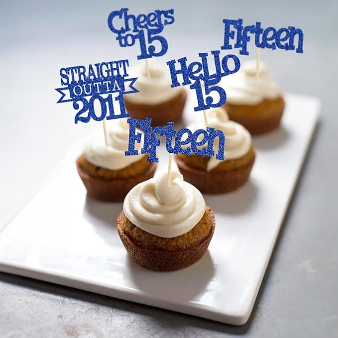 Ephlyn 24Pcs 15th Birthday Cupcake Toppers Glitter Straight Outta 2011 Cupcake Picks Hello 15 Cheers to 15 Years Cake Decorations for 15th Birthday Anniversary Party Decorations Supplies Blue