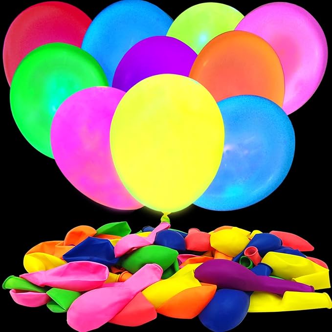 110 Pieces UV Neon Balloons Glow in the Dark Party Supplies Black Light for Glow Party Helium Fluorescent Latex Neon Balloons for Kids Birthday Party Decoration