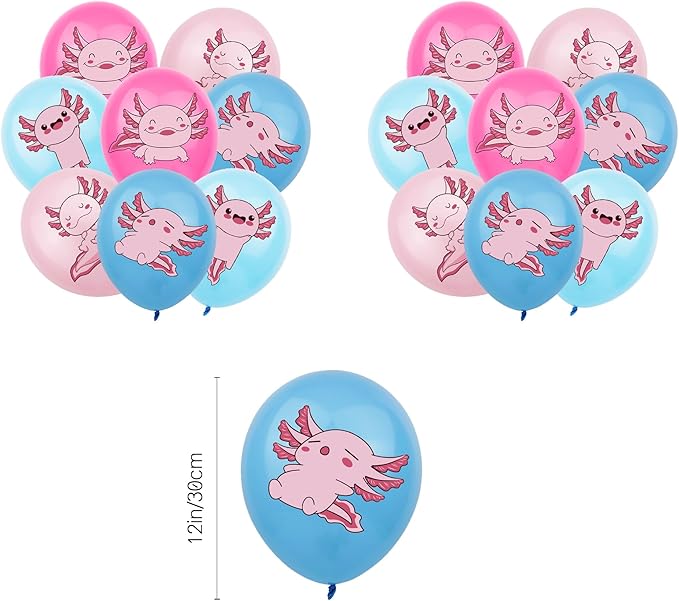 44Pcs Axolotl Birthday Party Supplies Include Happy Birthday Banner-Backdrop-Tablecloth-Balloons-Cake Topper-Cupcake Toppers for Axolotl Party Decorations