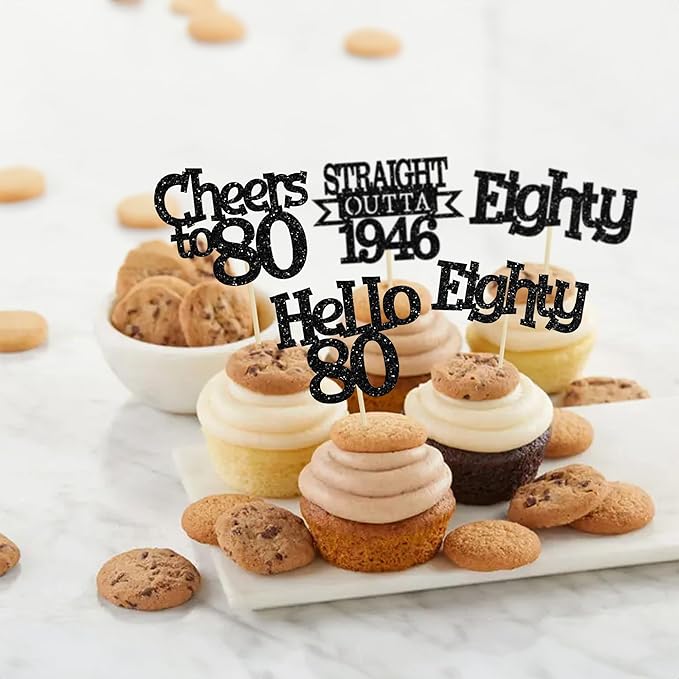 Ephlyn 24Pcs Happy 80th Birthday Cupcake Toppers Glitter Straight Outta 1946 Cupcake Picks Hello 80 Cheers to 80 Years Birthday Cake Decorations for 80th Birthday Anniversary Party Supplies Black