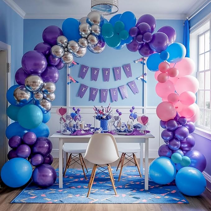 Blue Purple Balloon Arch Garland Kit, Purple Pink Blue Metallic Silver Balloons for Kids Birthday Hawaii Tropical Party Supplies Video Gaming Baby Shower Party Decorations
