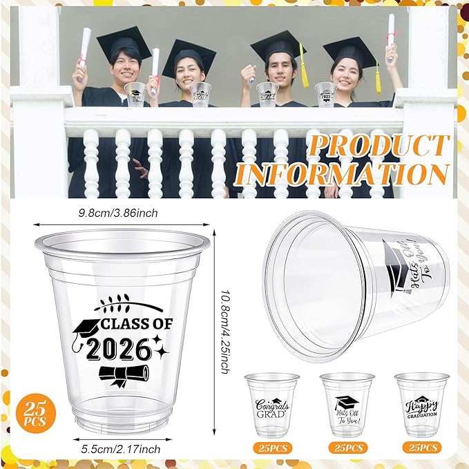 Eaasty 100 Pcs 12oz Graduation Cups 2026 Disposable Plastic Cups for Class of 2026 Graduation Party Congrats Grad Elegant Party Supplies Tableware Decorations (Clear)
