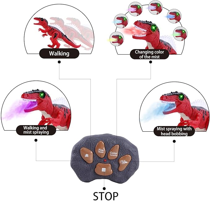 Remote Control Walking Dinosaur T-Rex with Water Mist Spray, LED Light Up Eyes & Back, Roaring Sound, Realistic Tyrannosaurus, Toy for Boys Kids Girls Ages 3 4 5 6 7 Year Old - Red
