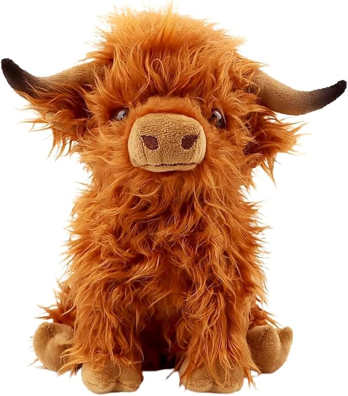 OROZCOR Highland Cow Stuffed Animal, Cute Fluffy Cow Plush Figure Toys,Realistic Farm Highland Cattle Plush Decor Gifts for Kids Baby Girls Boys (Brown Highland Cow)