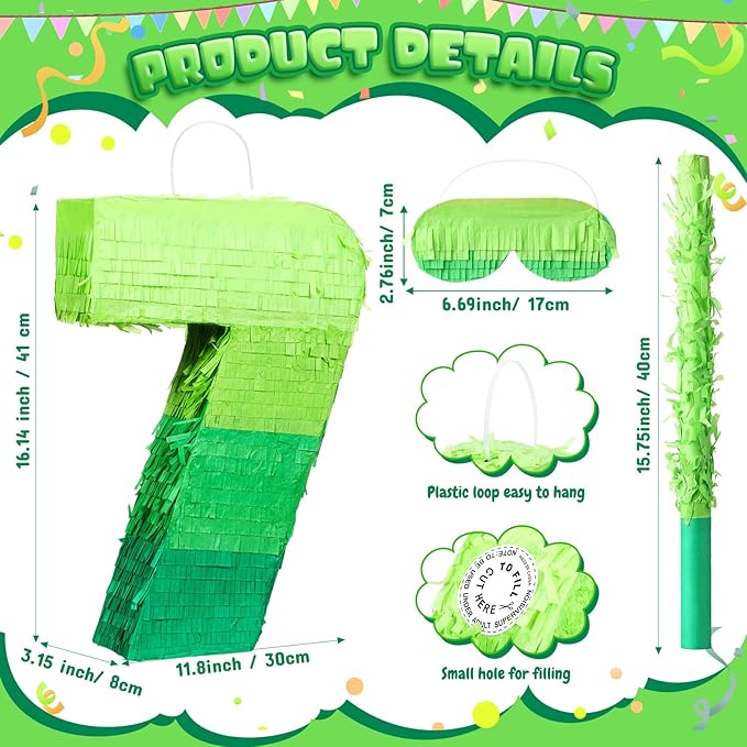 Number Piñata Decorations 16 Inch Gradient Green Piñata with Blindfold Stick and Confetti for Birthday Baby Shower Safari Jungle Themed Party Supplies Centerpiece(Number 7)