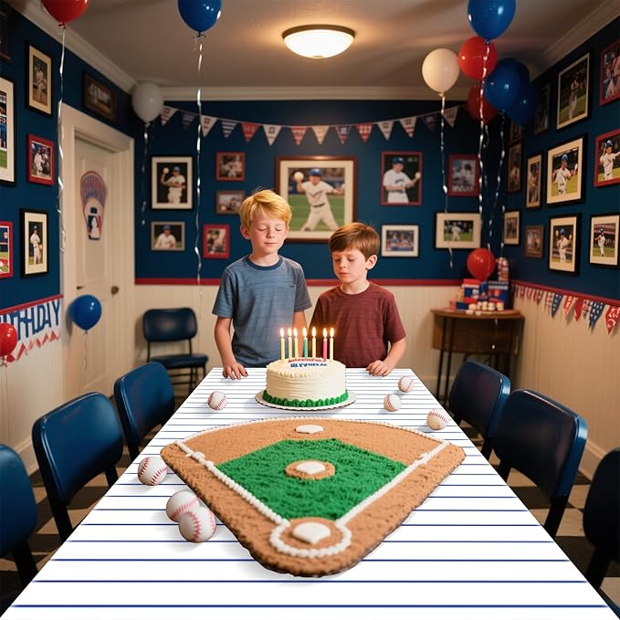 Baseball Tablecloths, 4 Pcs Blue and White Stripe Plastic Table Covers for Baseball Birthday Decorations Sports Theme Party Supplies