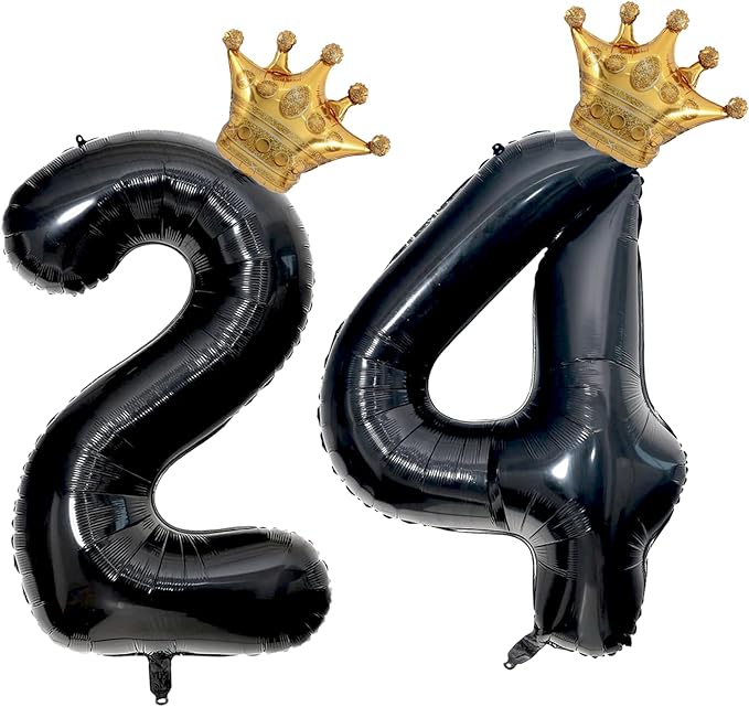 40 inch Large Black 24 Balloon Number with Gold Crown Balloons 24th Birthday Big Foil Mylar Helium Balloon for Boys Girls 24th Birthday Anniversary Decorations Supplies Favors(Number 24 Balloons）