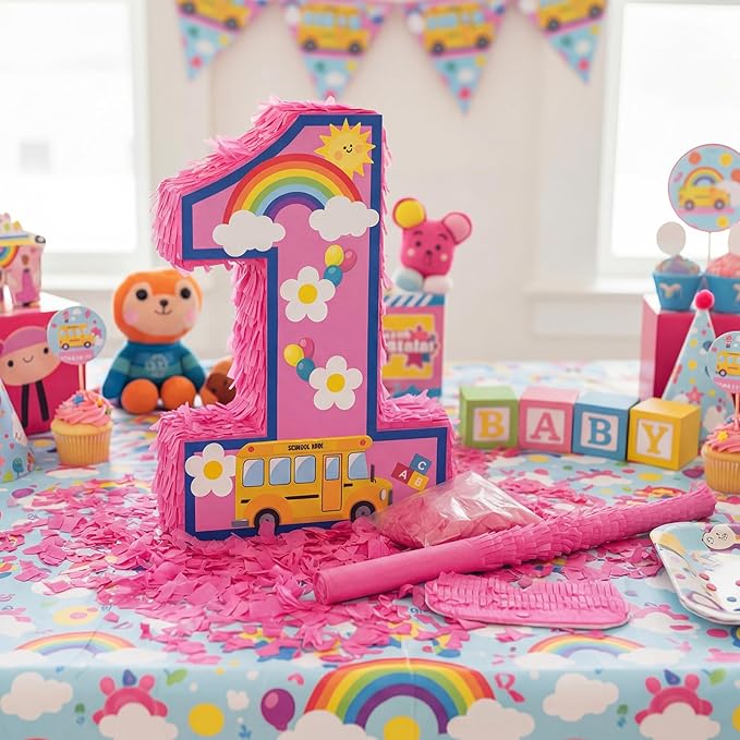 Number 1 Piñata Cartoon English Teacher 1st Birthday Piñata Party Decoration Pink Animation Themed Decor with Stick Blindfold Mask Confetti for Birthday Baby Shower Celebration Supply