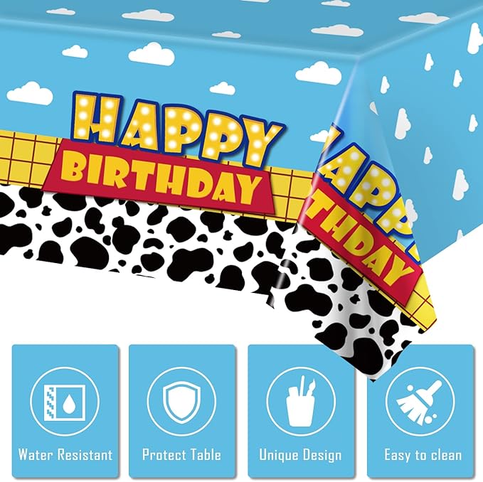 Ragnhild 1 Pack Cartoon Story Birthday Party Supplies, Cow Pattern Printed Table Cover Blue Sky and White Cloud Tablecloths Cow Birthday Decoration for Boy Girl Kid Party Decor, 54 x 108 inch