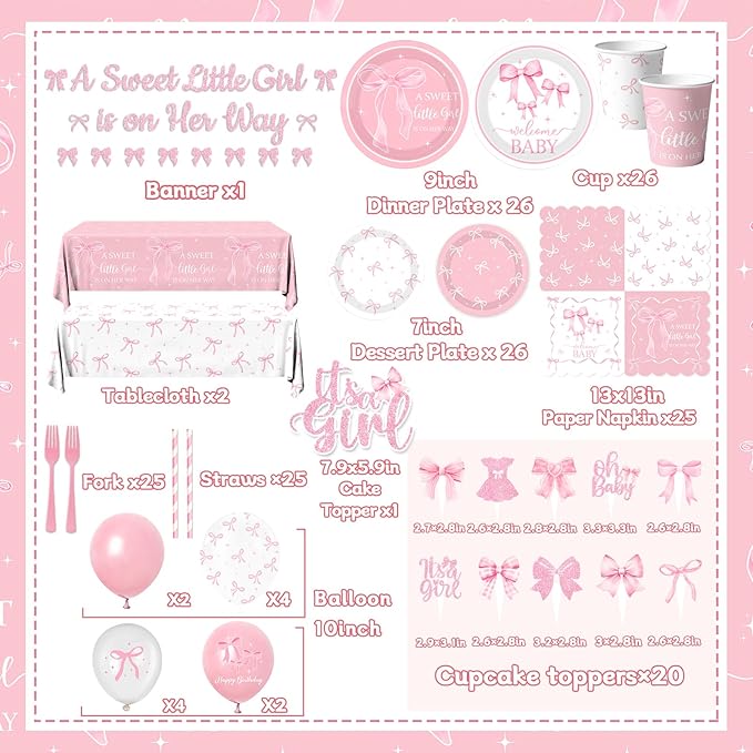Pink Bow Baby Shower Decorations for Girl,Pink Bow Birthday Party Supplies Include Bow Plate,Napkin,Banner,Cake Topper,Balloons Welcome Baby Girl Decorations for Coquette Bow Party Serves 25