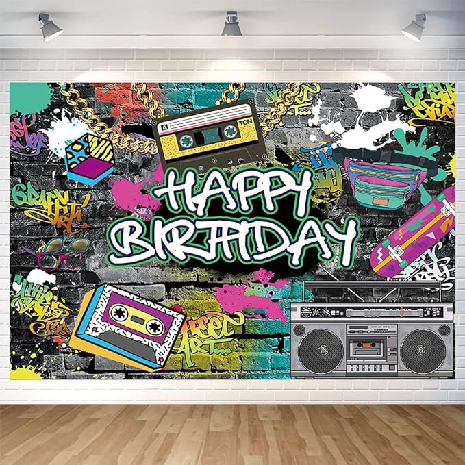 Graffiti Happy Birthday Backdrop Decorations Graffiti Art Banner Hip Hop Photo Background for Home Indoor Outdoor Birthday Party Decorations Supplies 70.8 x 47.2 Inch
