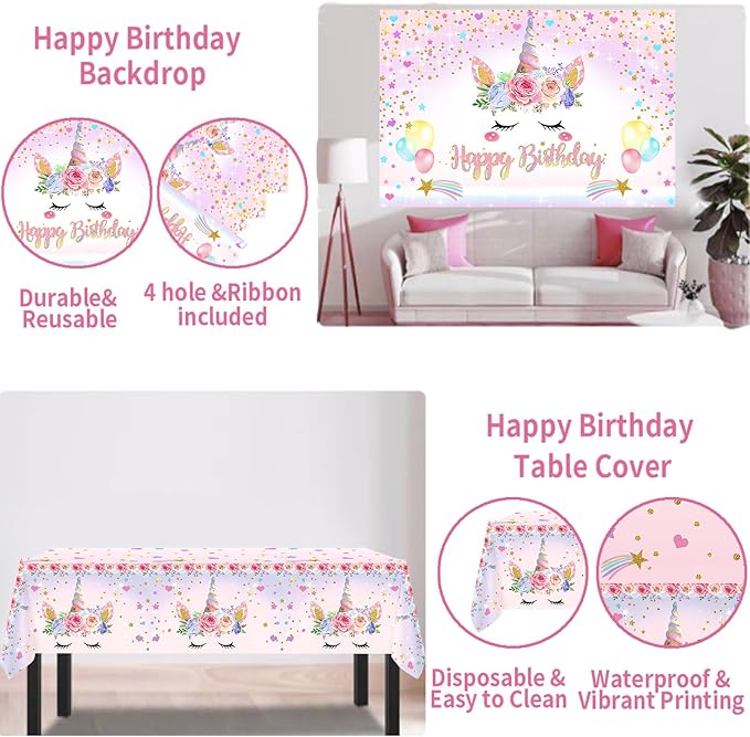 Unicorn Birthday Decorations for Girls,118pcs Unicorn Theme Party Decorations with Balloon Garland Arch Kit Backdrop and Tablecloth for Girls Women Birthday Party Supplies(Pink)