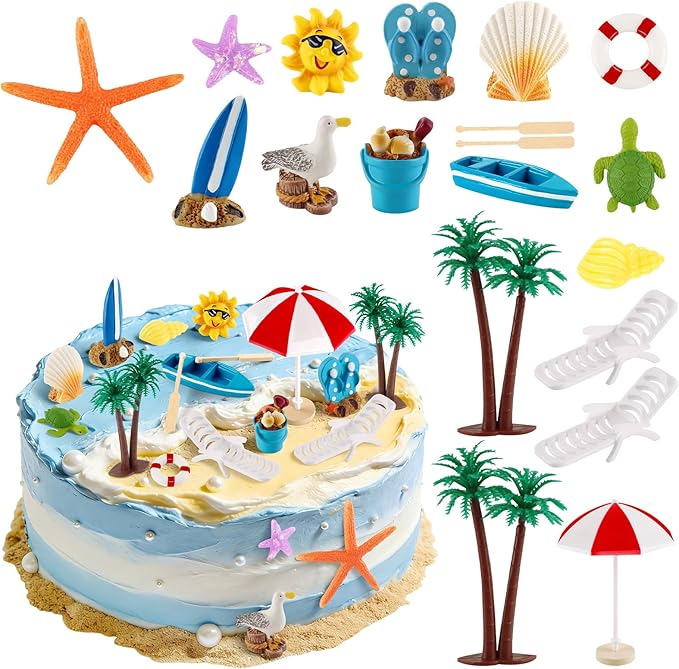 Hooqict 19Pcs Beach Cake Decorations Set with Mini Coconut Tree, Seashell, Sea Animals, Pool Beach Cake Toppers & Cupcake Toppers for Summer Tropical Hawaiian Luau Birthday Party Decorations Supplies