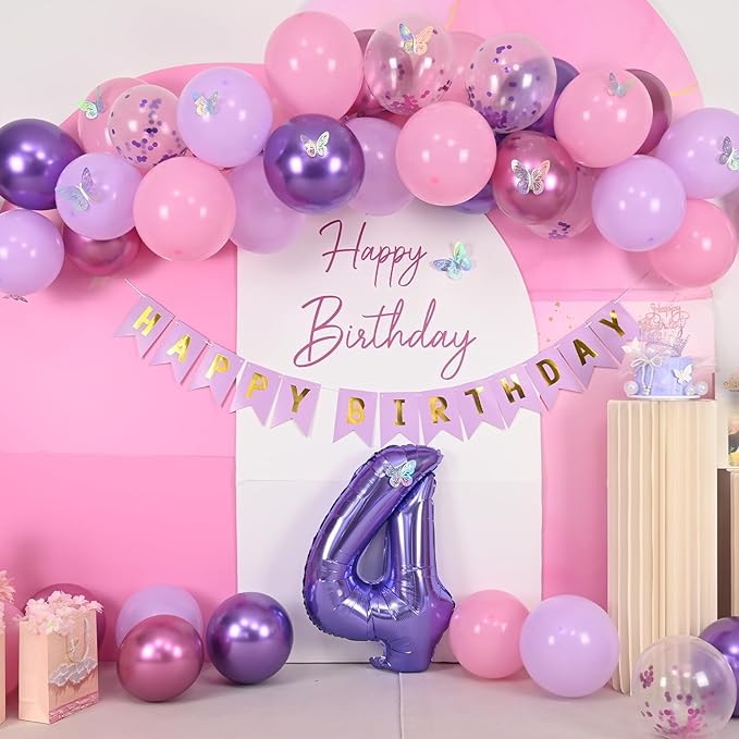 4th Pink Purple Birthday Decorations,Pink Purple 4th Birthday Balloons for Girls Lavender Party Decor Banner Number 4 Balloons Cake Topper Butterfly Party Decorations for 4 Year Old Girls