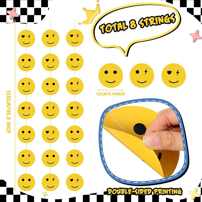 8 Pieces Smile Face Party Decorations Yellow Smile Garland Banners Preppy Smile Paper Cutouts for One Happy Dude Birthday Party Favors Classroom Supplies