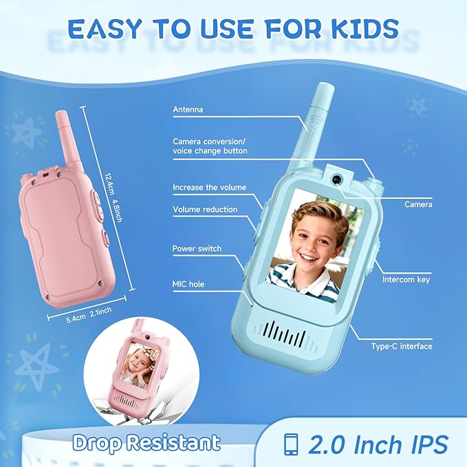 Video Walkie Talkies for Kids, Handheld 2 Pack Rechargeable Video Intercom Kids Walkies Talkies, Indoor Outdoor Toys for Family Games, Outside, Camping, Hiking for Boys Girls Ages 3-12 (Blue/Pink)