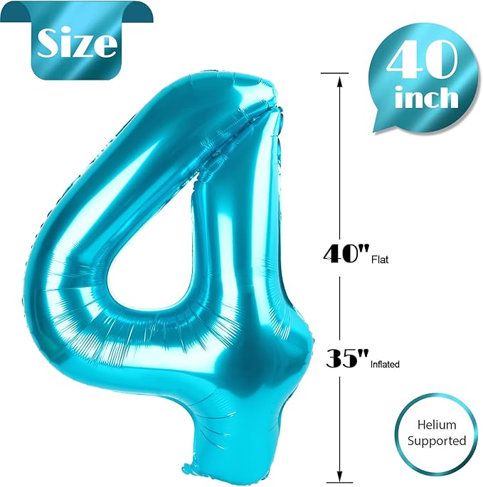 4 Balloon, Blue Number Balloons 40 Inch, 4th Blue Party Decorations, 4 Year Old Four Large Numbers for Party Decor, Number 4 Balloon