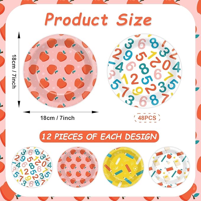 CHUNNIN 48Pcs Back to School Party Paper Plates for School Season Party Supplies 7" First and Last Day of School Disposable Plates Apple Pencils Tableware Birthday Decorations