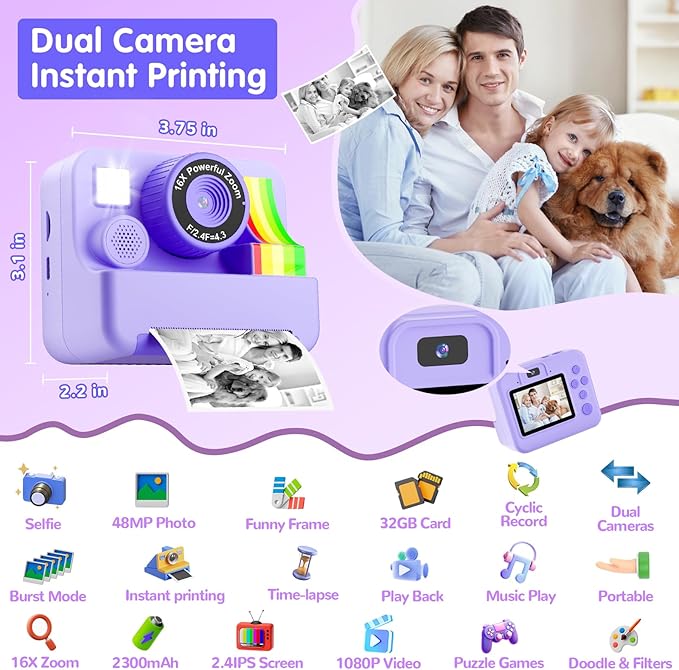 1080P Kids Instant Print Camera - Kids Camera for Girls and Boys, Ages 3-12, Portable Toy with 32GB SD Card & 3 Rolls Printing Paper - Best Christmas Birthday Gift for Kids, Purple