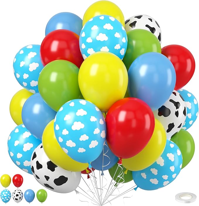 Blue Yellow Green Balloons, 12 Inches Yellow Light Blue Clouds White Cow Pattern Balloons for Boys Birthday, Countryside Theme Baby Shower Cow Party Decorations