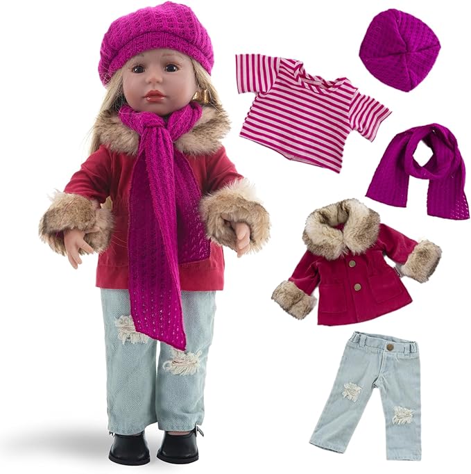 American 18 Inch Doll Clothes Set, 5-PC Fashion Red Winter Coat Set Includes Warm Coat, Shirt, Jeans, Pink Knit Hat & Knit Scarf, Outfits Casual Wear(Doll NOT Included)
