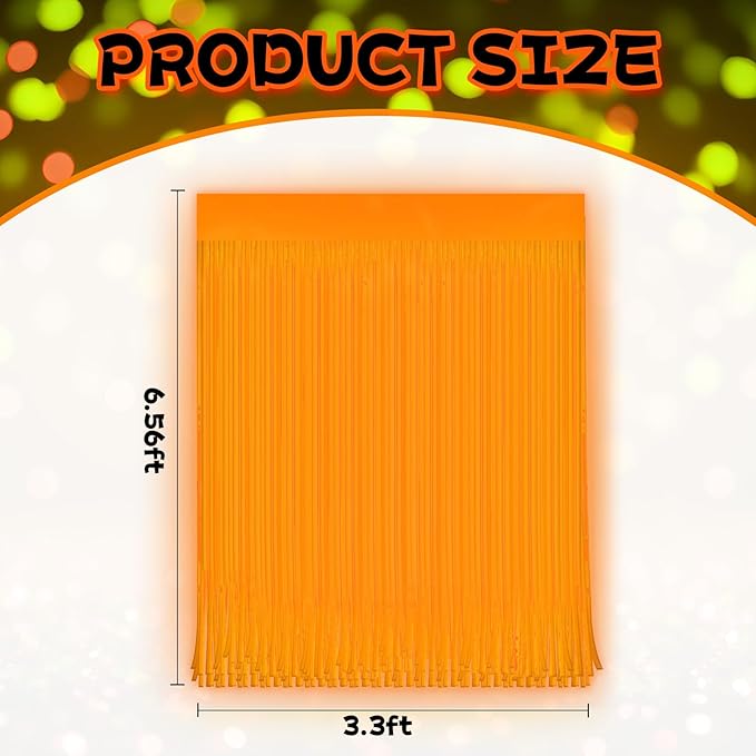 2 Pack Glow in The Dark Curtains Party Supplies 6.6 x 3.3 Ft Glow Tinsel Foil Fringe Curtains Orange Photo Booth Prop Backdrop Streamer for Birthday Holiday Neon Party Decorations