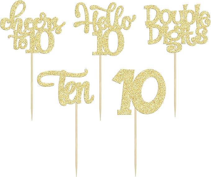 30Pcs 10th Birthday Cupcake Toppers Ten Double Hello 10 Cupcake Picks Cheers to 10 Years Old Cake Decorations for 10th Birthday Party Supplies Gold Glitter