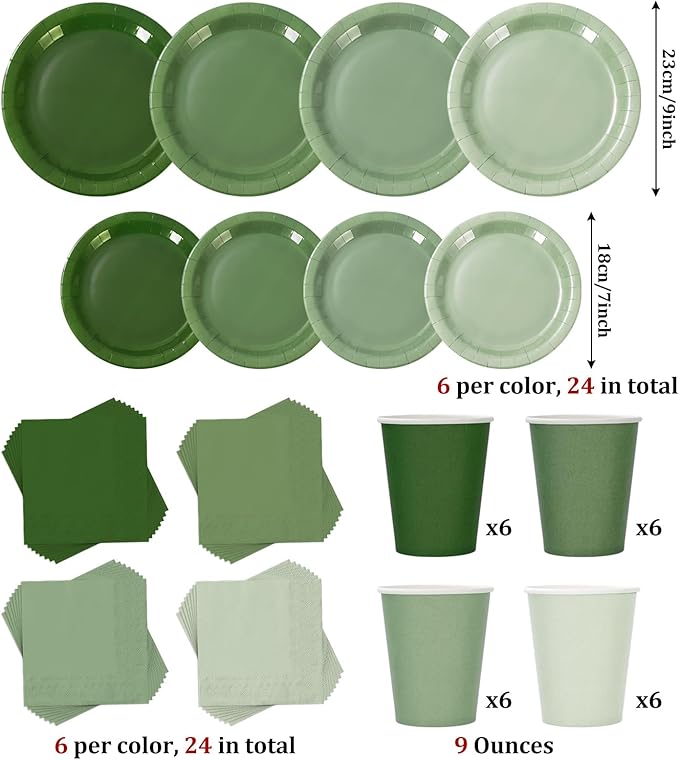 Whaline 96Pcs Sage Green Tableware Set Serves 24 Gradient Green Disposable Dinnerware 24 9" Plates 24 7" Plate 24 9oz Cups 24 Napkins for Wedding Birthday Party Supplies