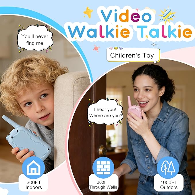 Video Walkie Talkies for Kids 2 Pack Rechargeable, Kids Walkie Talkies Long Range with screen & Voice Changer - Indoor/Outdoor Camping Toys, Great Christmas Birthday Gifts for 3-12 Year Boys and Girls