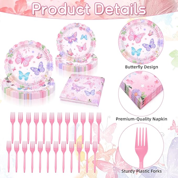 96 Pieces Butterfly Floral Tableware Set – Scalloped Edge Garden Flower Disposable Plates, Napkins, and Forks for Spring Birthday, Baby Shower, Tea Party, Mother’s Day Celebrations – Serves 24 Guests