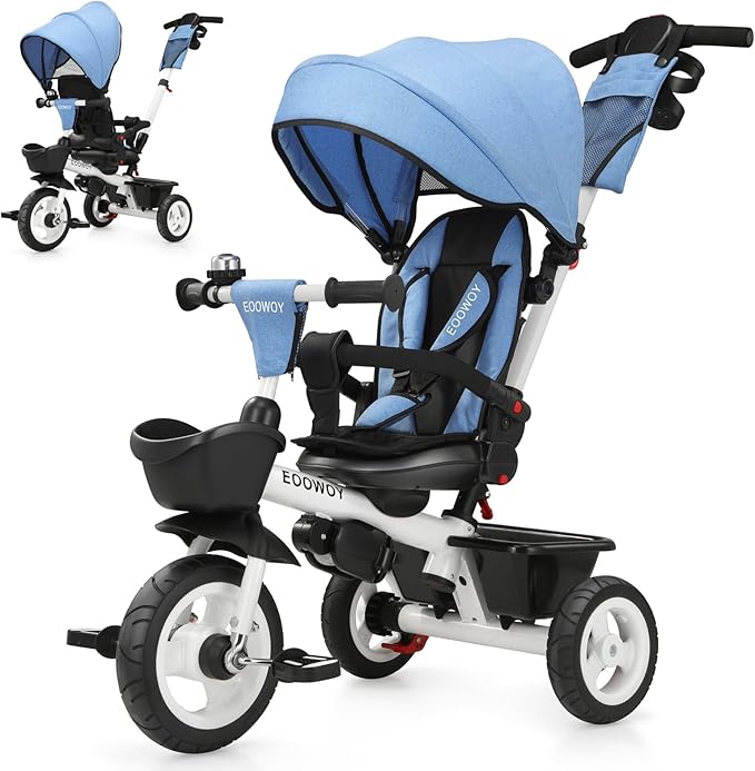 Toddler Tricycle with Push Handle, 7 in 1 Stroller Trike with 360° Swivel Seat, Reclining Backrest, All-Terrain Wheels, Dual Brakes, Canopy & Storage, Gift for Kids 18 Months to 5 Years, Blue