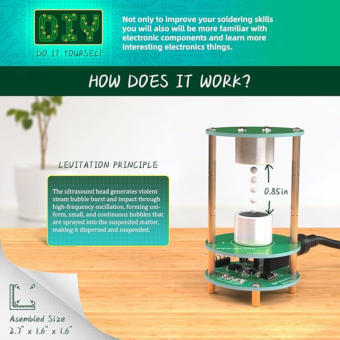 Electric Ultrasonic Levitator Kit, Soldering Projects Mini Cool Acoustic Levitator, Learning Teaching STEM Education Ideal Gift for Family and Friends, Come with 12V Power Supply (Green with Power)