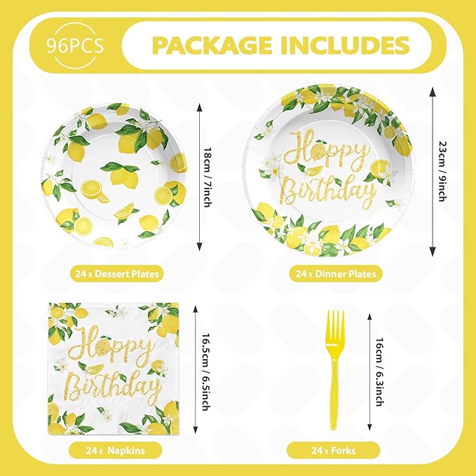 Grencian 96PCS Lemon Party Decorations Lemon Birthday Party Plates Disposable Yellow Lemons Paper Tableware Set for Lemon Birthday Lemon Baby Shower Summer Fruit Themed Party, Serves 24