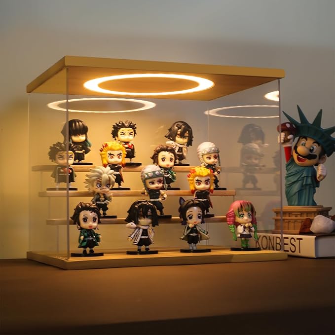 Acrylic Display Case with Adjustable LED Light, 4 Tier Clear Display Box Dustproof Showcase for Action Figures, Collectibles and Mini Toys, Assembly Display Cabinet(Wood 12.5×9.5×10.4in)
