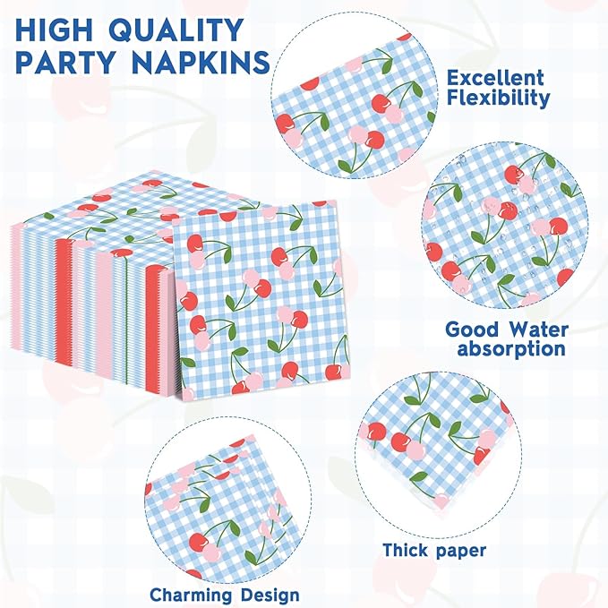 96Pcs Cherry Birthday Party Decorations Cherry Plates and Napkins Blue Checked Paper Plates Cherries on Top Disposable Tableware for Baby Shower Bridal Bachelorette Supplies Cherries
